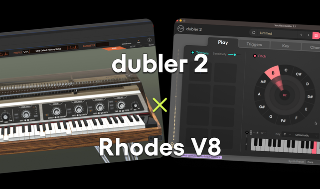 picture of the Dubler 2 software app and Rhodes V8 Pro plugins together