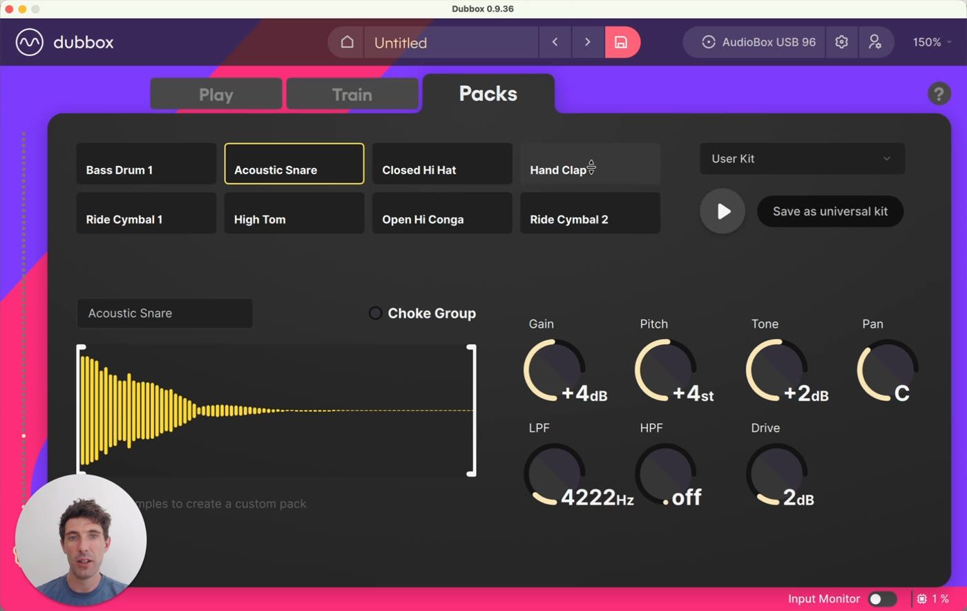 The Packs tab - a snare pitched up, filtered and driven
