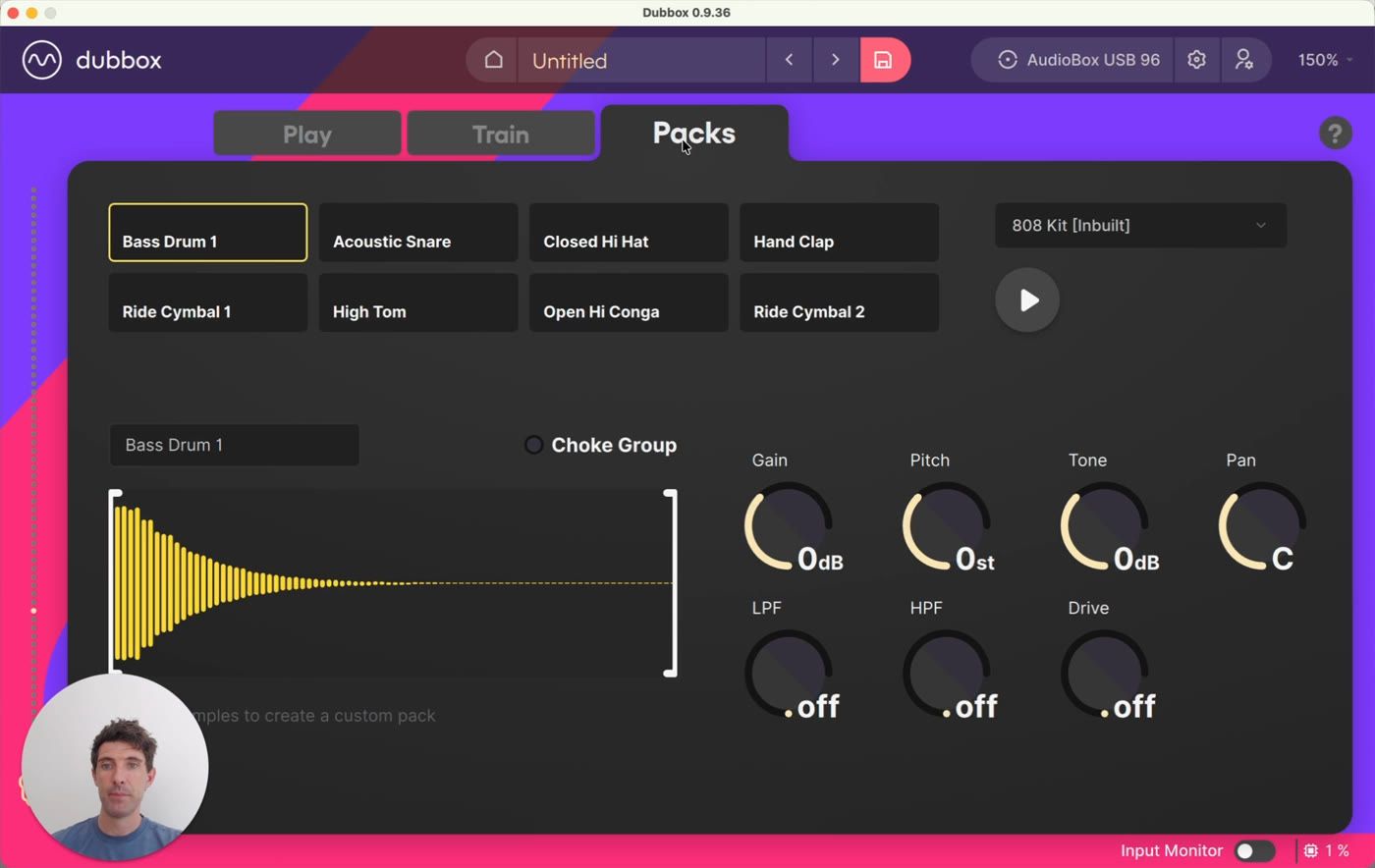 The Packs tab - every sample in the kit, with settings for each one