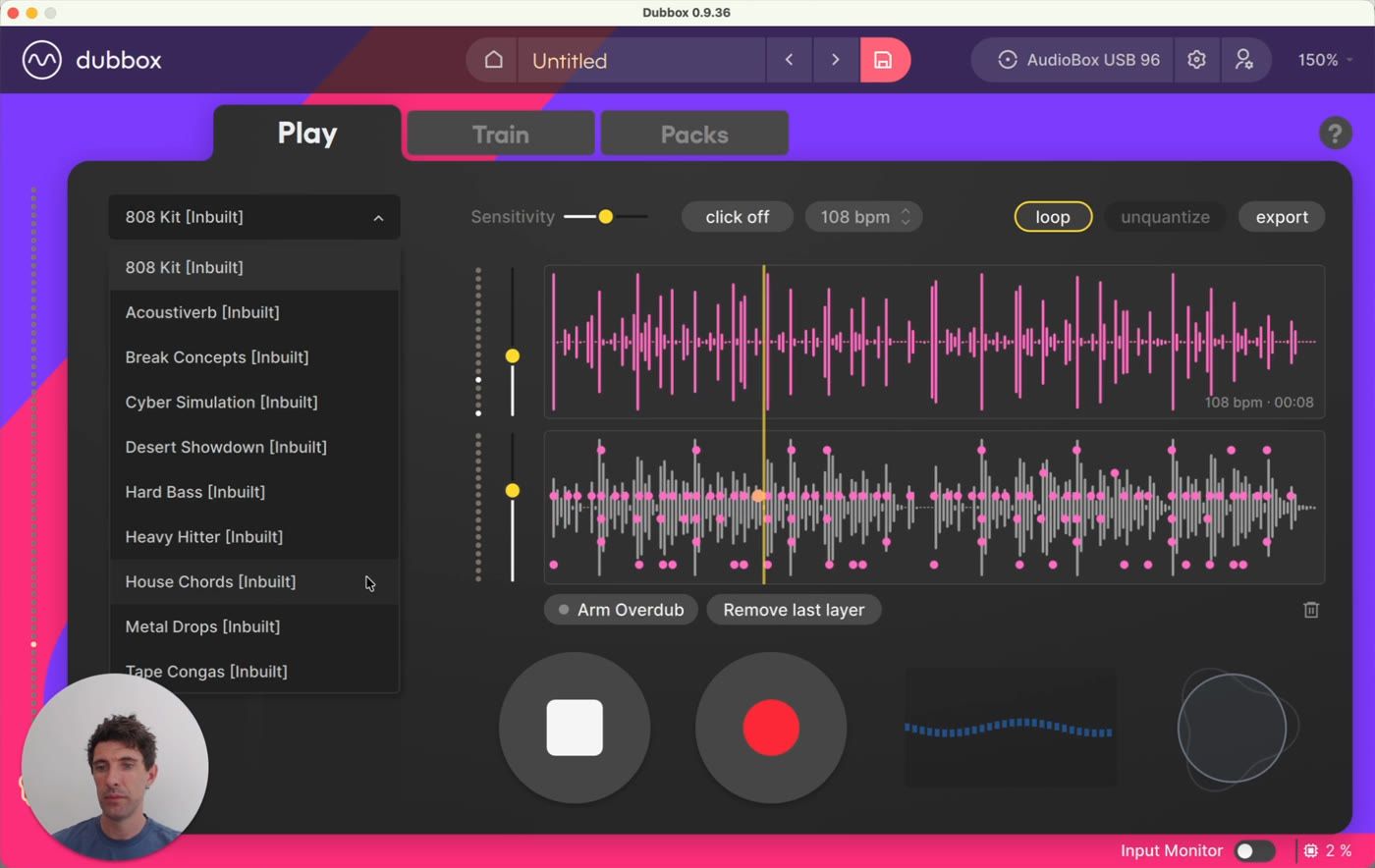 The kit dropdown on the Play tab - ten inbuilt kits