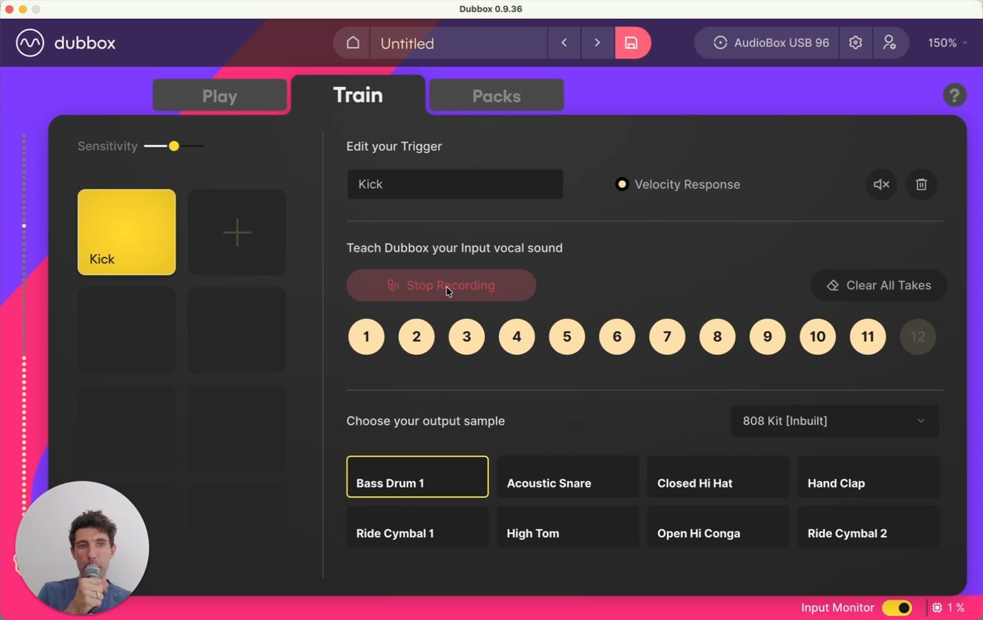 The Train tab - teach DubBox your input vocal sound