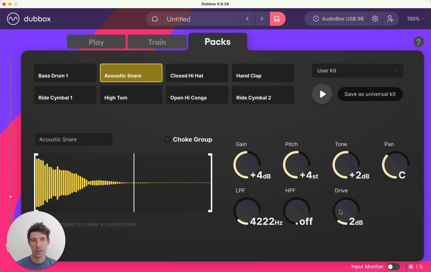 The snare edited - gain, pitch, tone, filter and drive all adjusted, and the kit is now a User Kit
