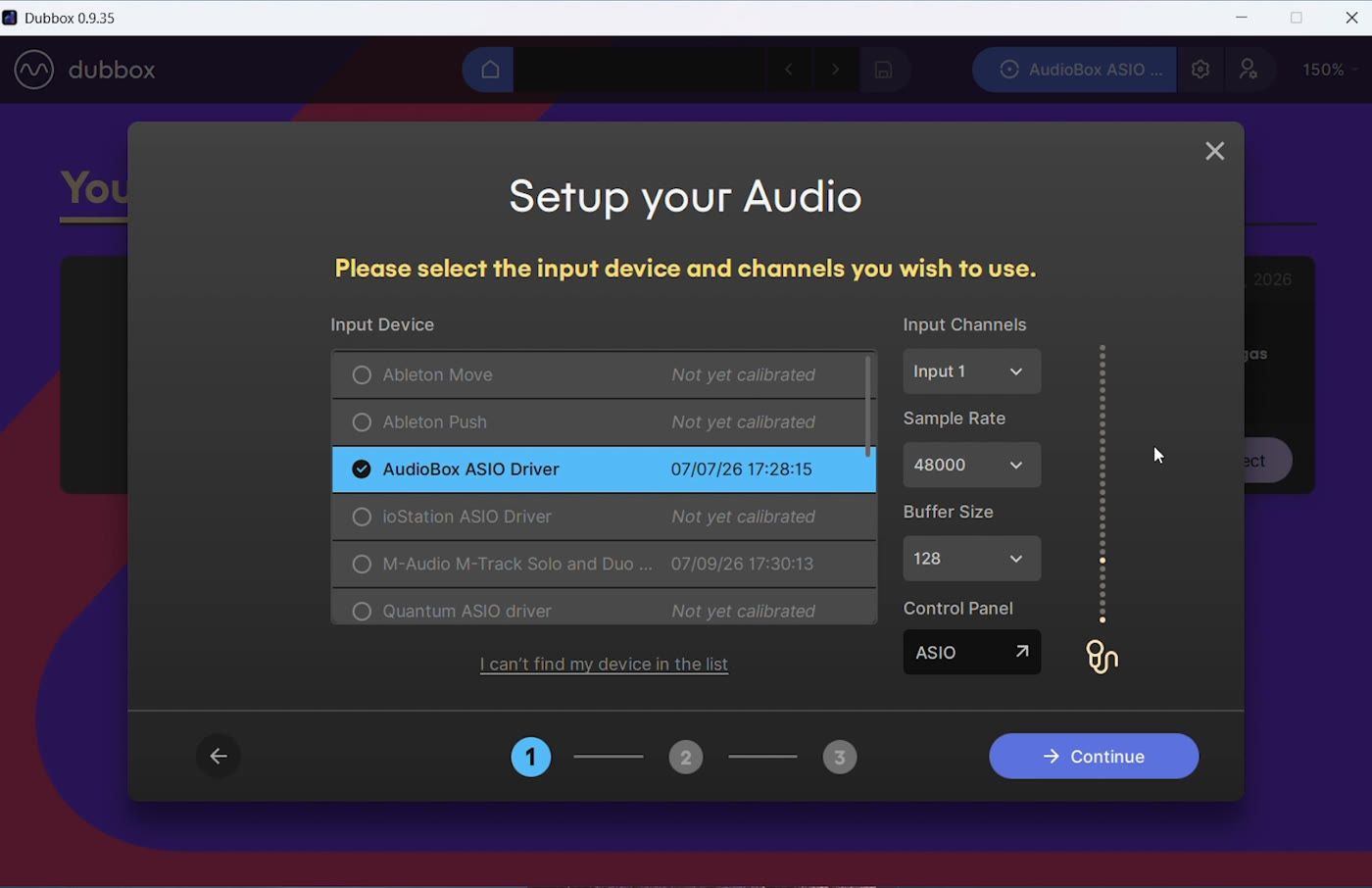 Setup your Audio - select your interface's ASIO driver