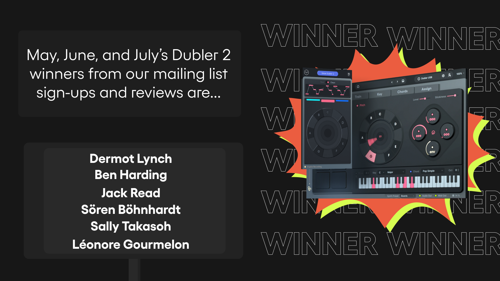 May June July blog winners for Vochlea's Dubler 2 email and review giveaways