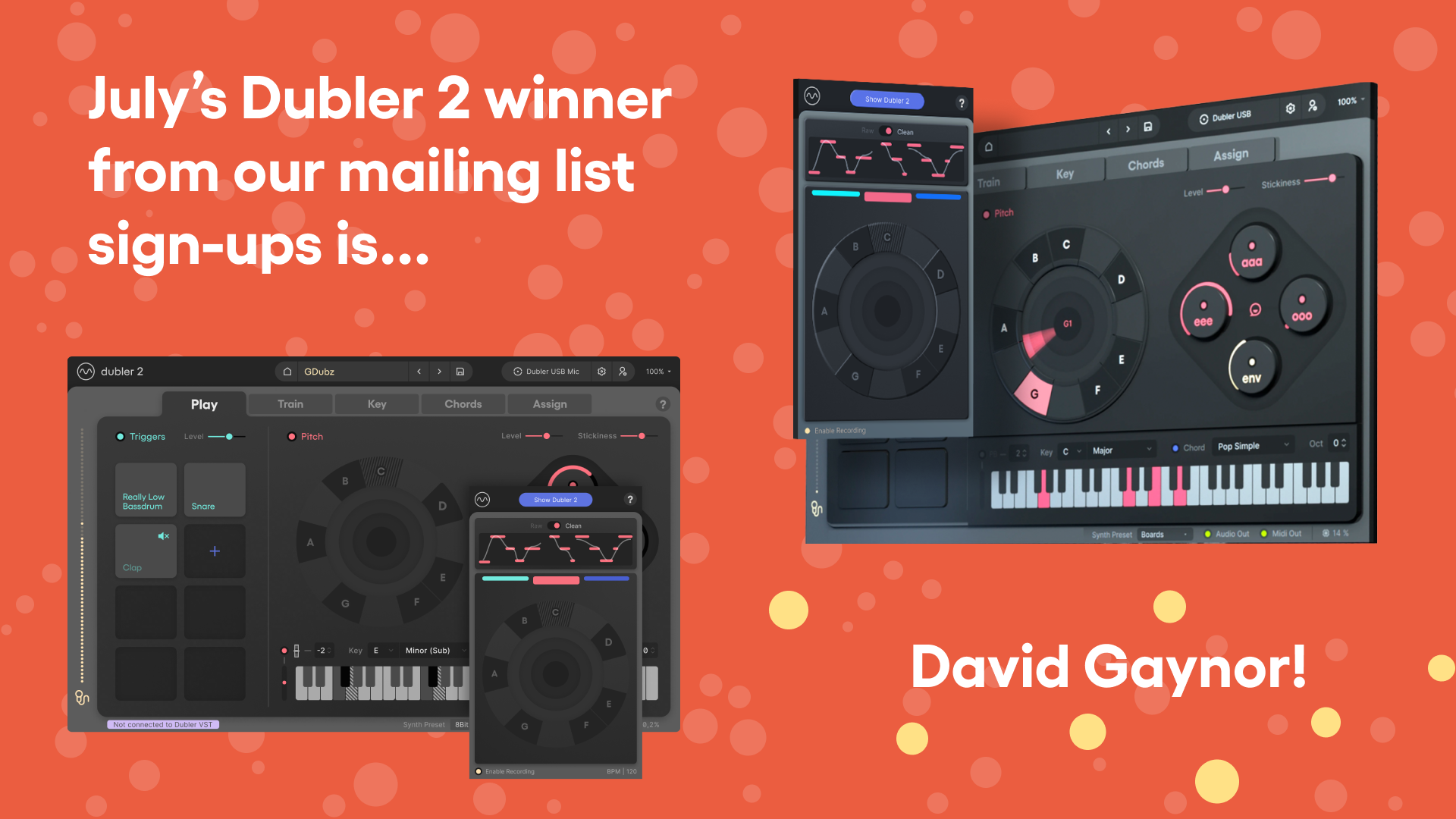 The Dubler 2 software in front of an orange background with the winner announced for signing up to Vochlea's mailing list
