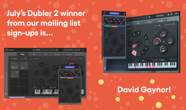 The Dubler 2 software in front of an orange background with the winner announced for signing up to Vochlea's mailing list