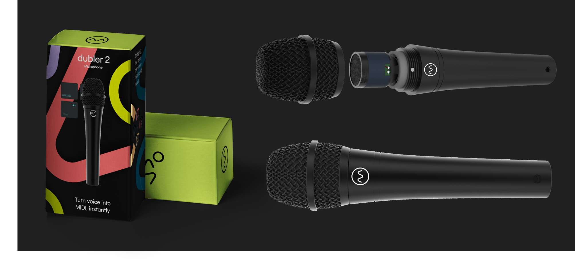 The Vochlea Dubler USB Microphone as a box and as microphone components