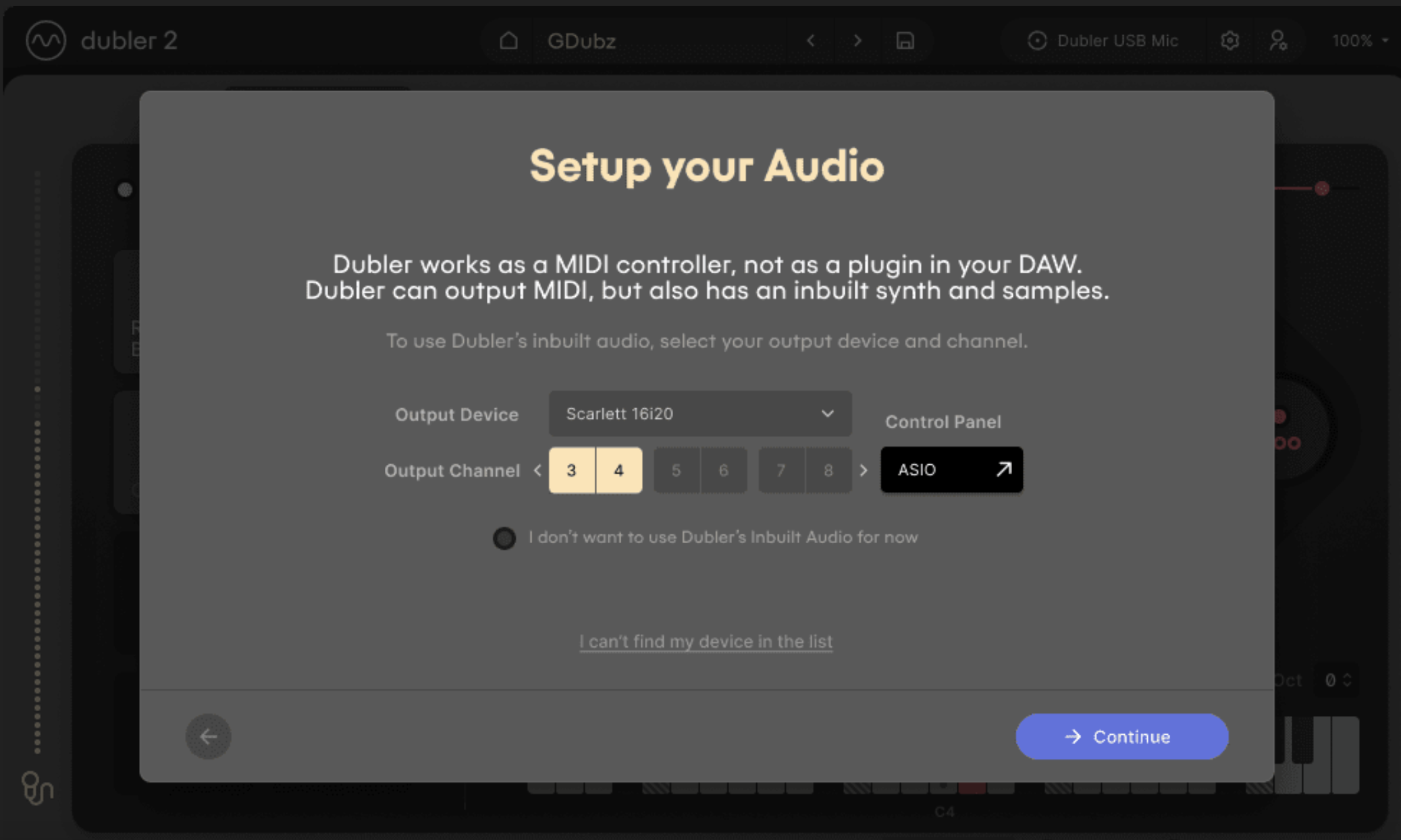 Screenshot of Dubler 2's audio setup wizard function