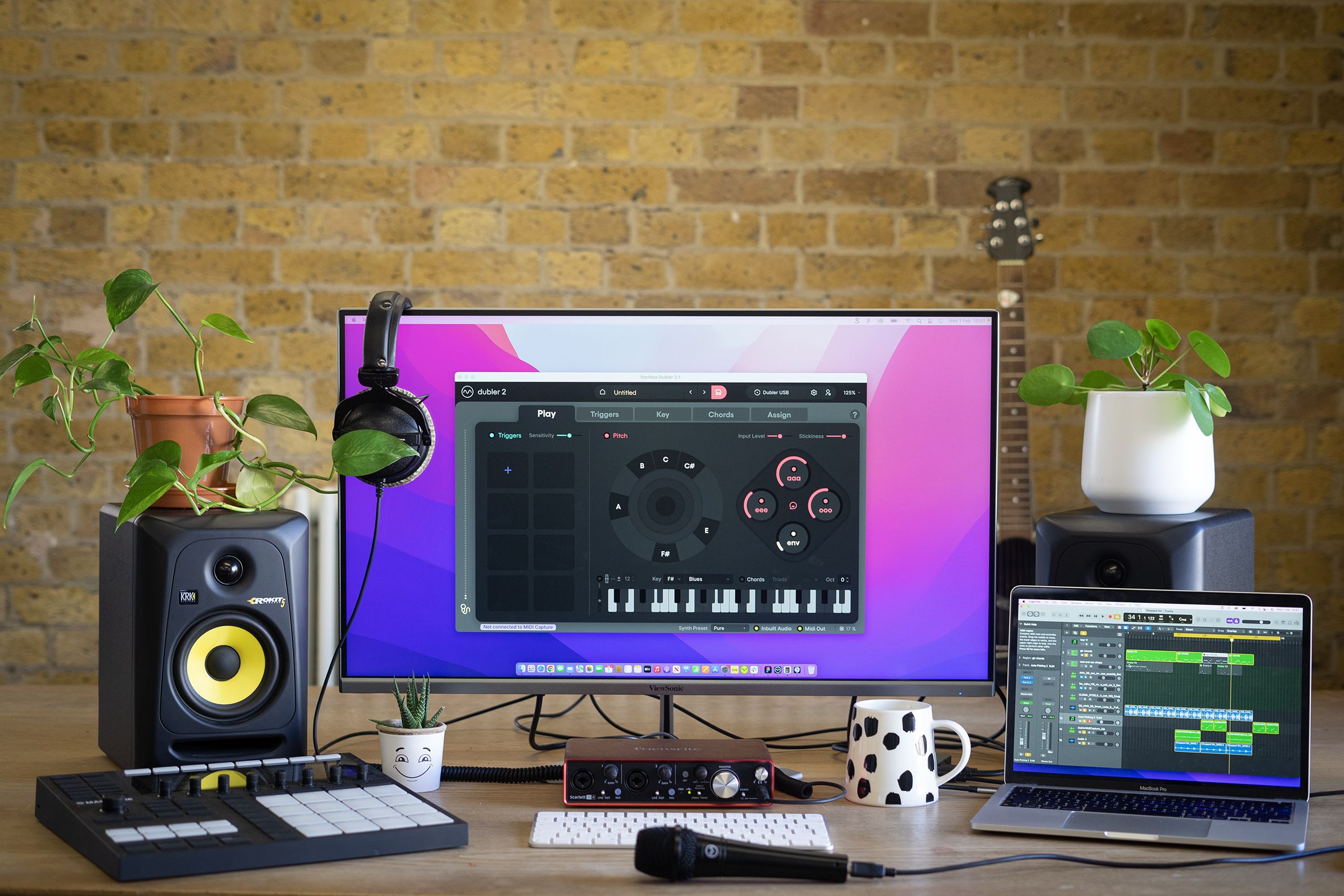 Dubler 2 on a computer screen with plants and agear in a home studio