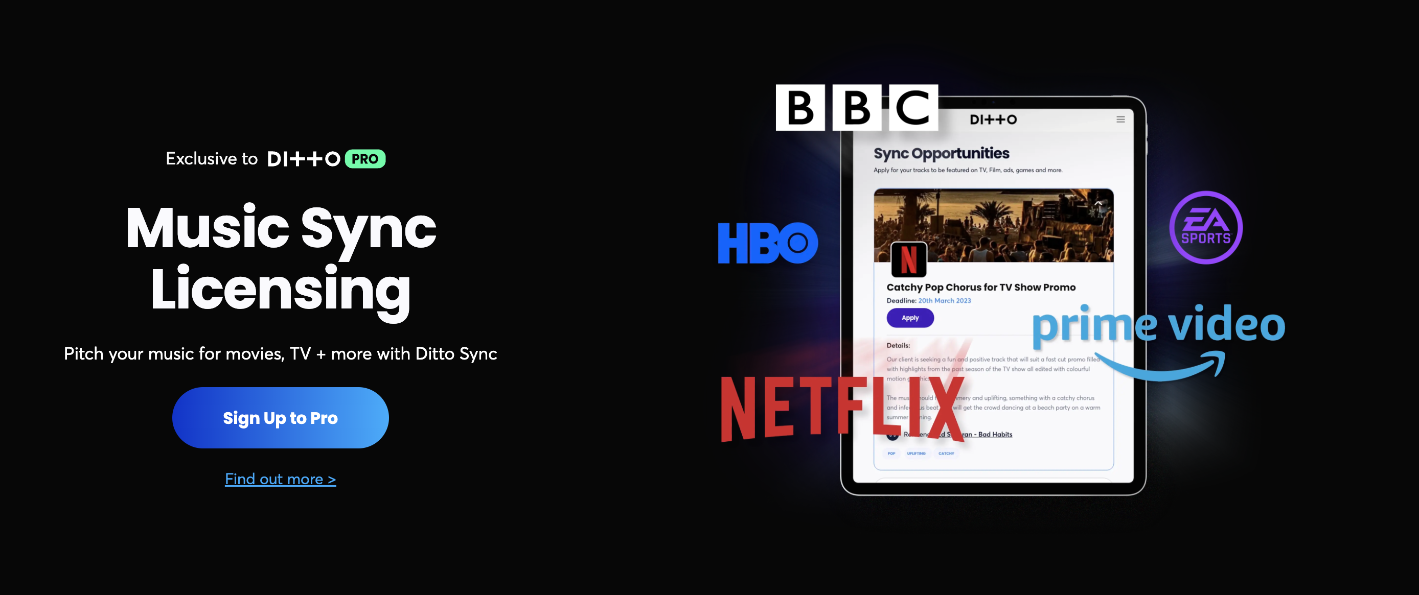 Screenshot of music distributor Ditto's sync licensing section