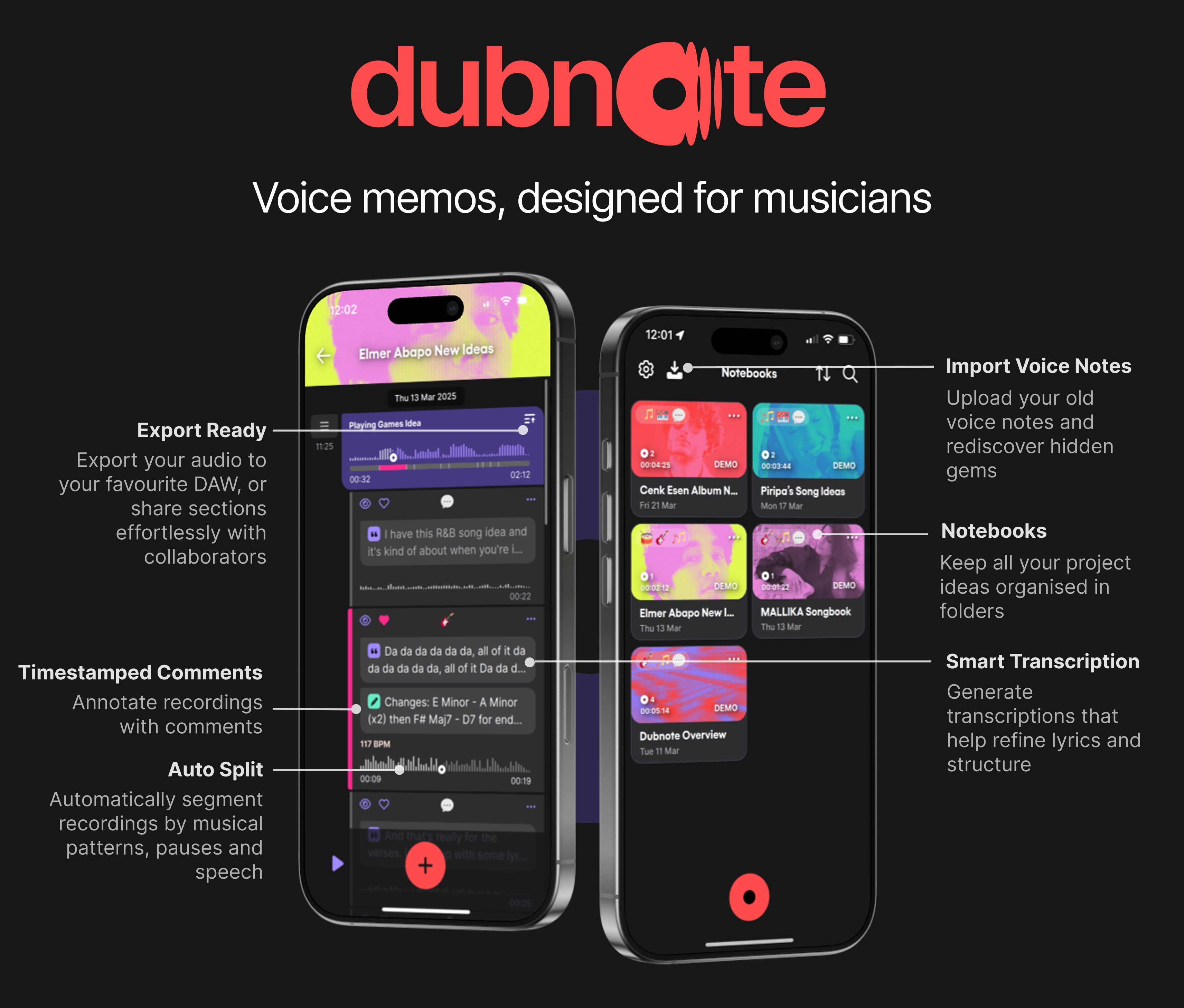A lits of all Dubnote's key features with the app open on two phones