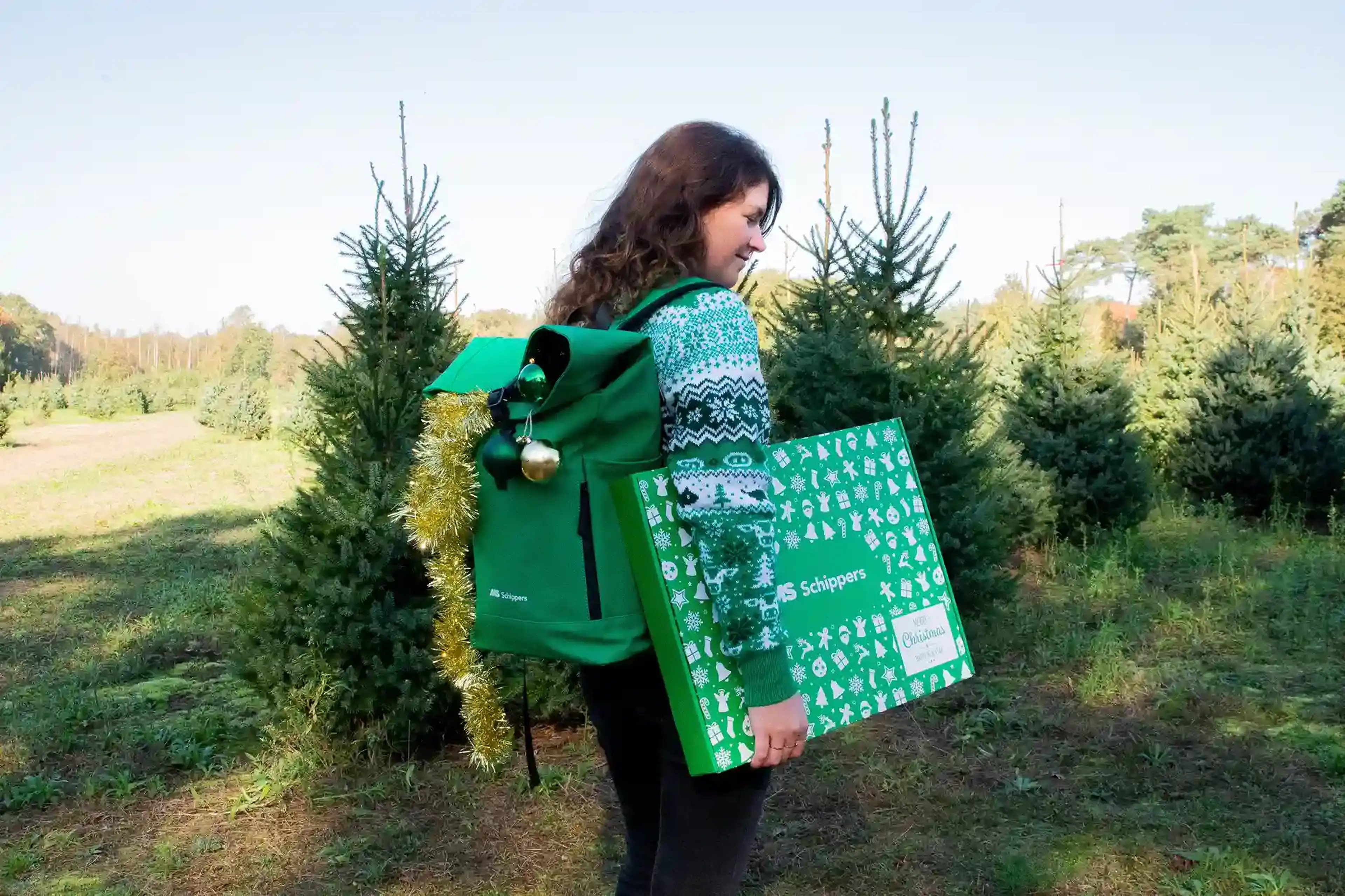 Christmas Backpack with box at field