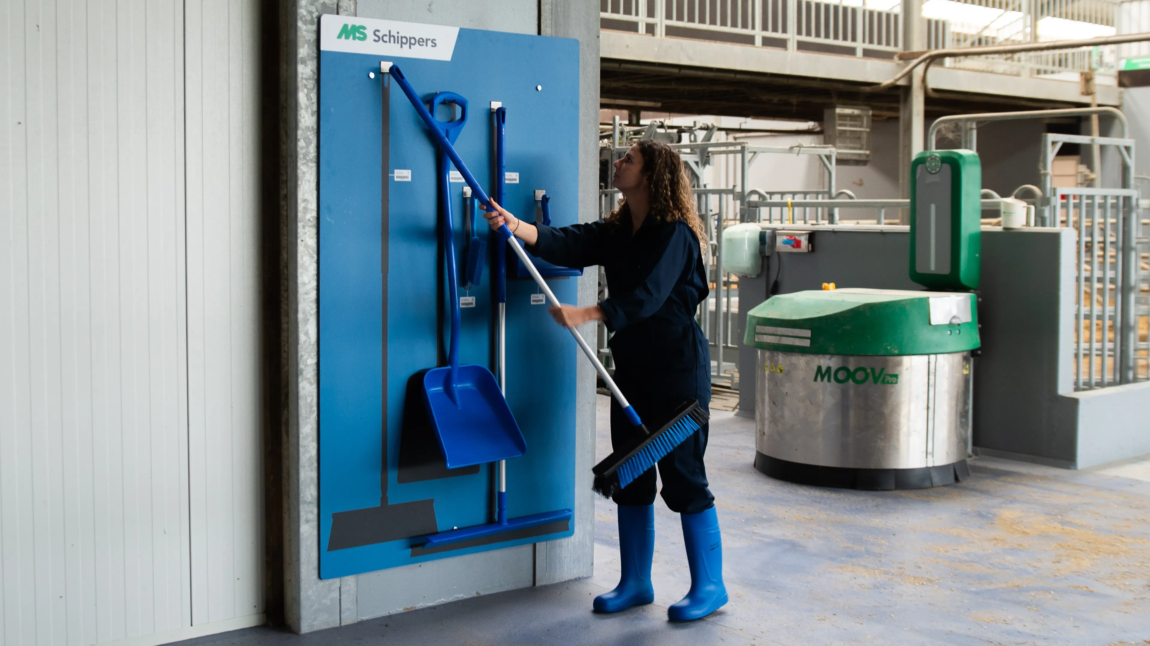 Iris hanging a broom against the shadowboard of the color blue