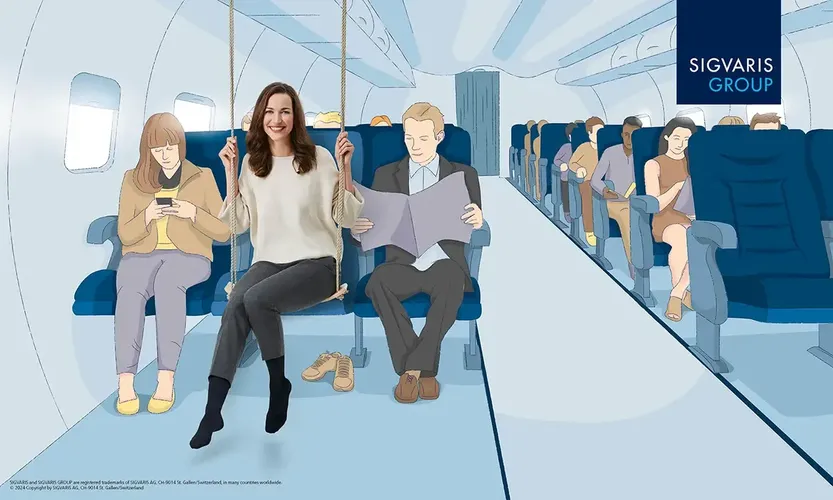 Comic-Illustration von Menschen, die in einem Flugzeug sitzen, eine Frau trägt Kompressionsstrümpfe und lächelt, Sigvaris Logo oben rechts