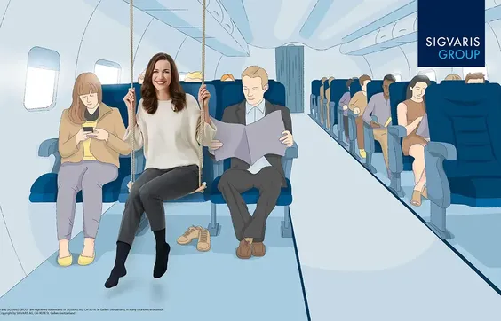 Comic-Illustration von Menschen, die in einem Flugzeug sitzen, eine Frau trägt Kompressionsstrümpfe und lächelt, Sigvaris Logo oben rechts