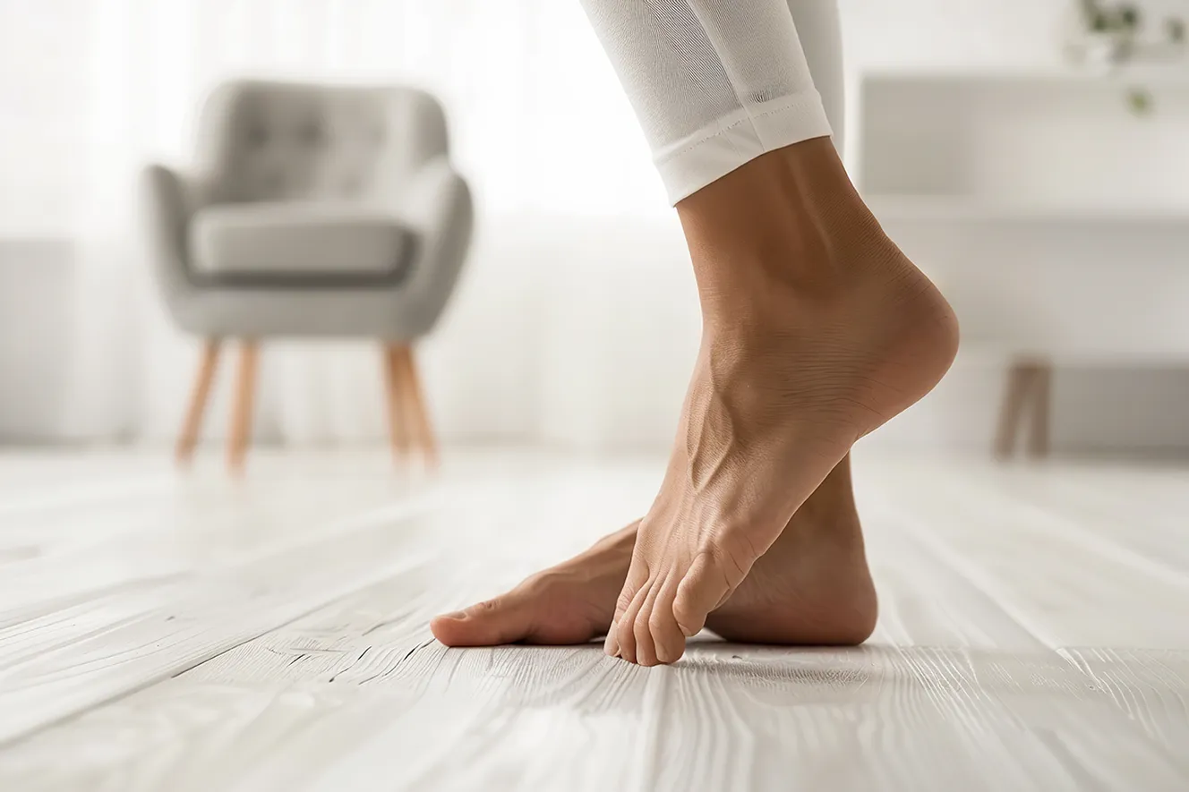 Plattfüße, Schmerzen, Frau macht Übungen, Physiotherapie hilft