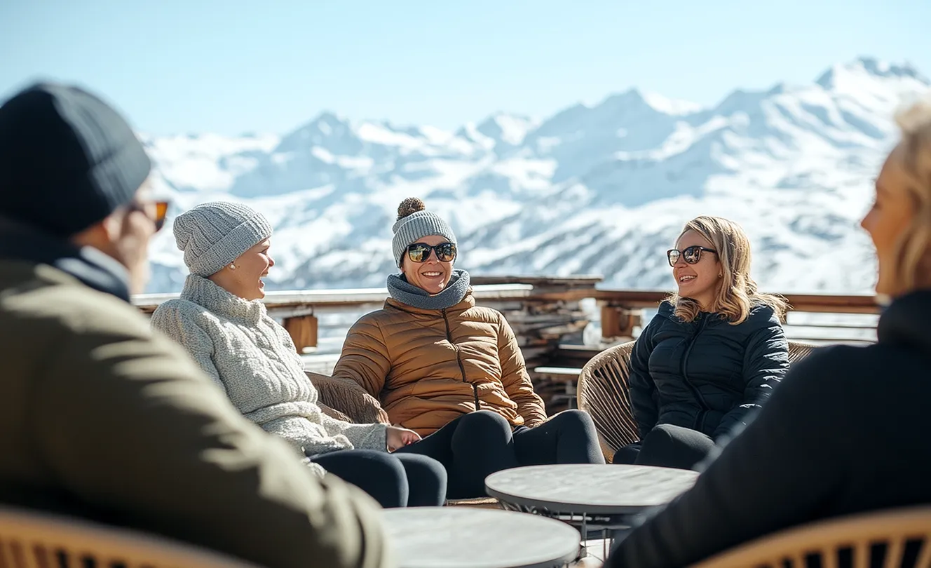 Gruppe von Menschen sitzen im Kreis, Skigebiet im Hintergrund, Berge mit Schnee