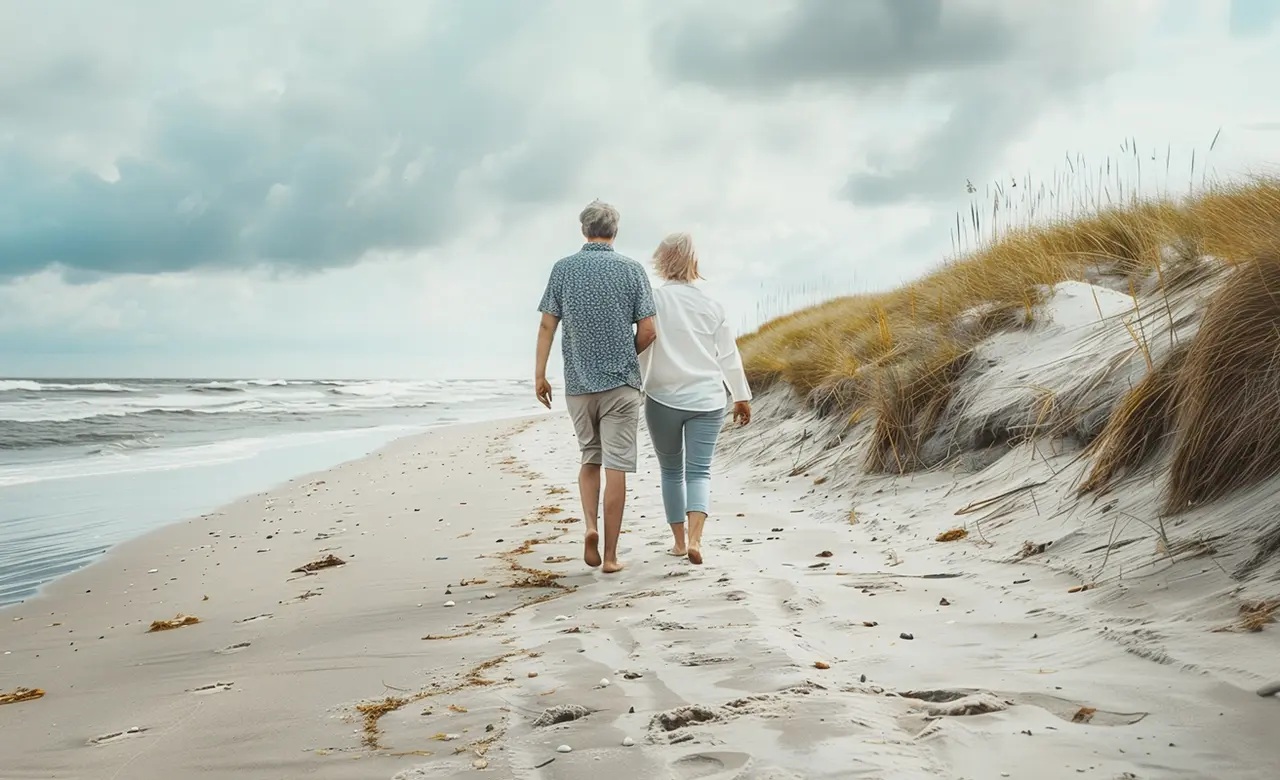 Urgeinkontinenz, entspanntes Paar beim Strandspaziergang