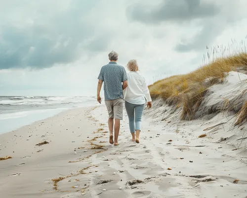 Urgeinkontinenz, entspanntes Paar beim Strandspaziergang