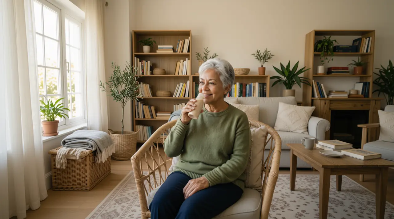 Frau sitzt in einem gemütlichen Wohnzimmer und trinkt ein Getränk, umgeben von Pflanzen, Bücherregalen und einem bequemen Sofa.