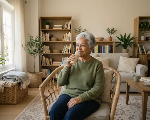 Frau sitzt in einem gemütlichen Wohnzimmer und trinkt ein Getränk, umgeben von Pflanzen, Bücherregalen und einem bequemen Sofa.