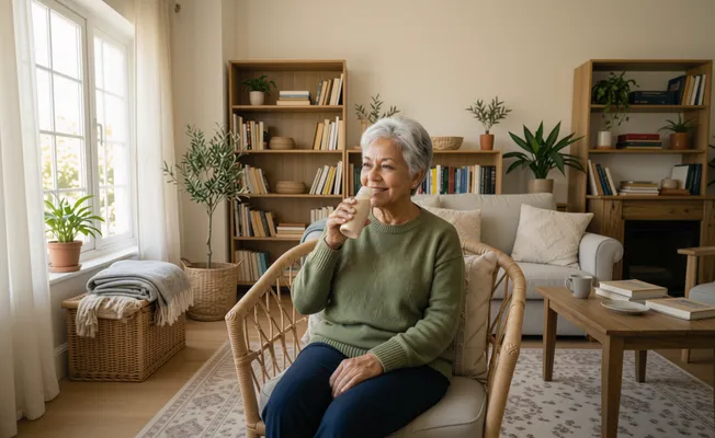 Frau sitzt in einem gemütlichen Wohnzimmer und trinkt ein Getränk, umgeben von Pflanzen, Bücherregalen und einem bequemen Sofa.