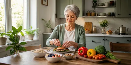 Ältere Frau bereitet an einem Küchentisch eine gesunde Mahlzeit mit frischem Gemüse, Bohnen und Beeren zu, umgeben von Zimmerpflanzen und einem hellen Fenster.