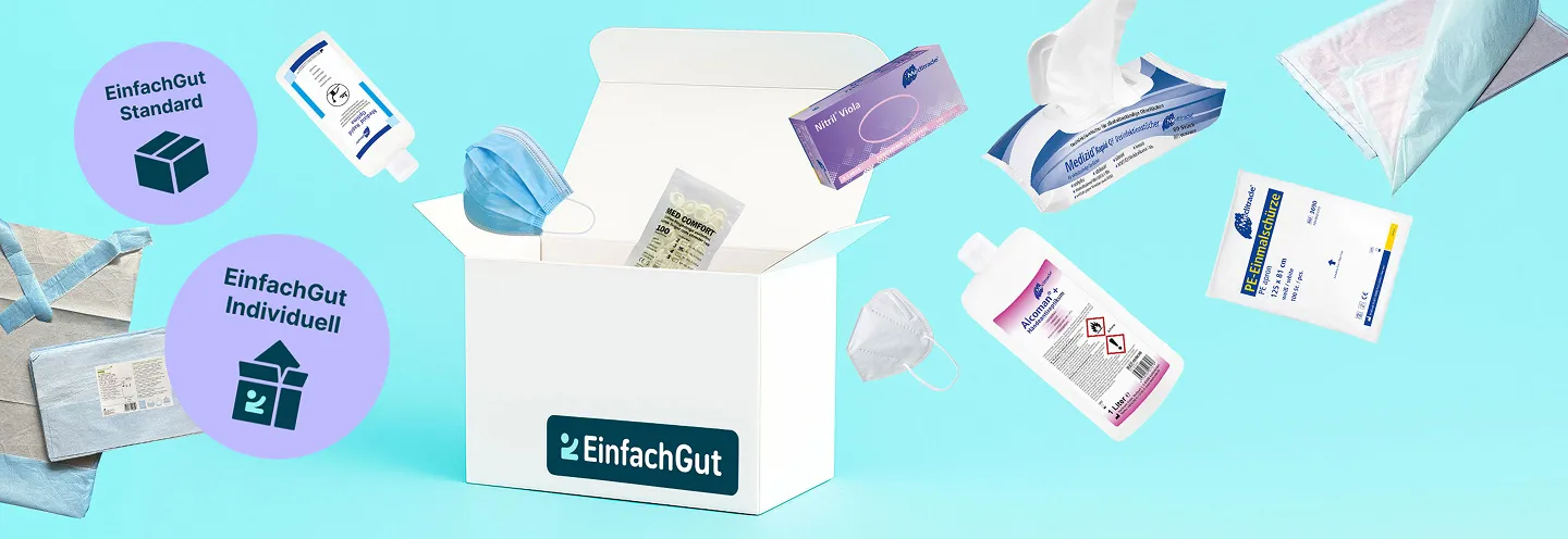 Die weiße EinfachGut Pflegebox, umgeben von verschiedenen Hygiene- und Gesundheitsprodukten vor einem türkisen Hintergrund; zwei Bubbles mit den Worten "EinfachGut Standard" und "EinfachGut individuell"