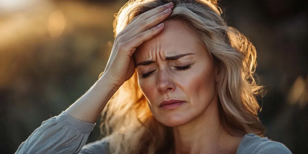 Frau mittleren Alters in der Menopause hält die Hand an den Kopf, schaut gestresst, Hitzewallung, Sonne im Hintergrund