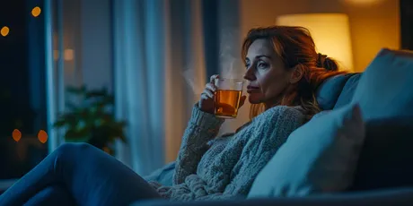 Frau mittleren Alters in der Menopause sitzt abends auf Sofa, trinkt Tee