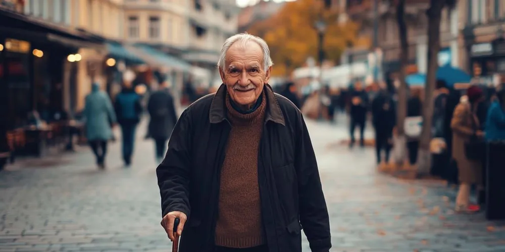 älterer läuft mit Gehstock durch Stadt, lächelt, Hilfsmittel, Unterstützung beim Gehen
