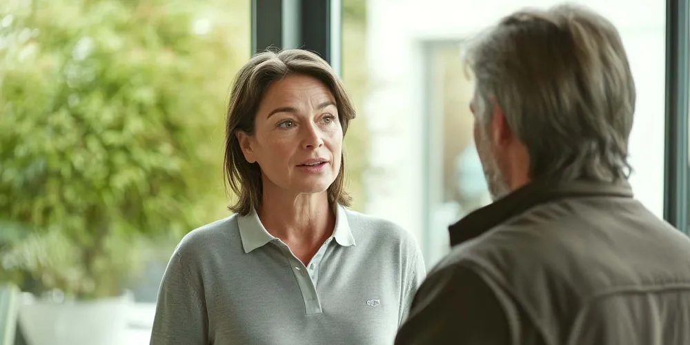 Sanitätshausmitarbeiterin spricht mit Kunden, Fenster im Hintergrund