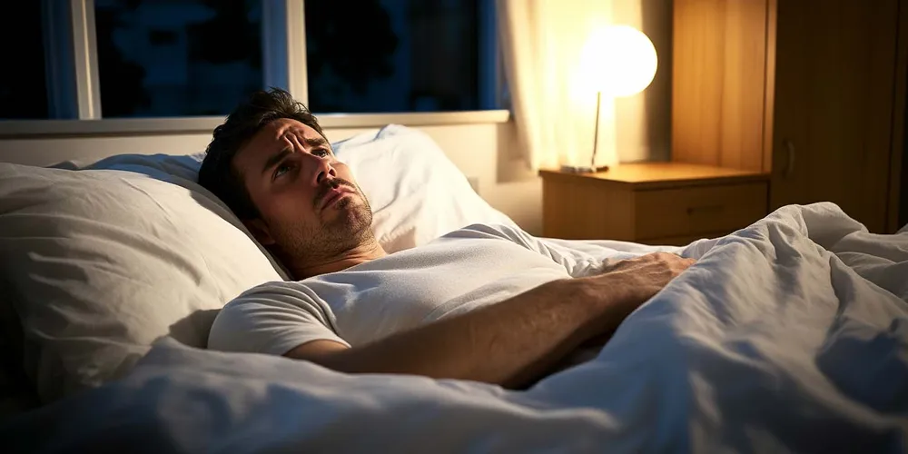 junger Mann mit Problemen beim Einschlafen, liegt im Bett, Augen offen, gestresster Gesichtsausdruck