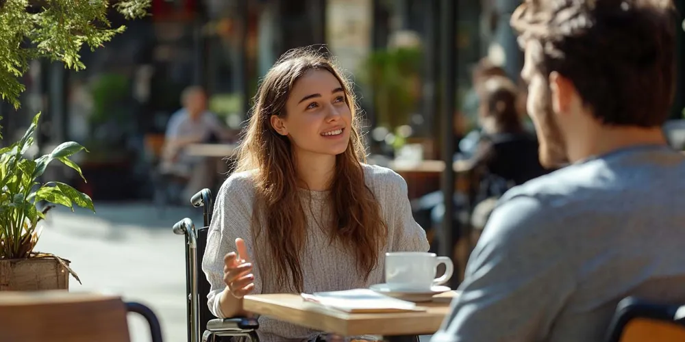 junge Frau im Rollstuhl hat ein Date, junger Mann gegenüber, sitzen im Cafe, unterhalten sich