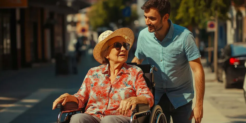 ältere Frau mit Demenz sitzt in Rollstuhl, Sohne schiebt sie durch die Stadt, Sommer, lächeln beide