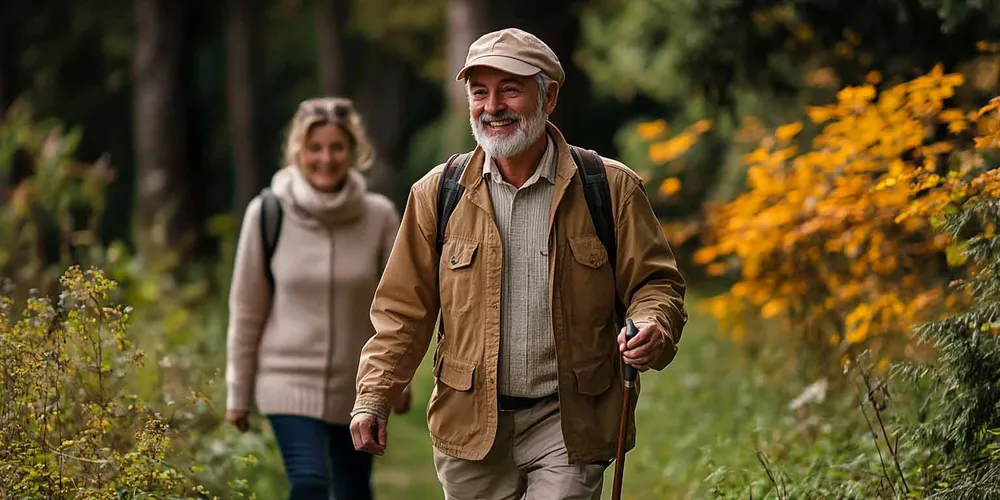 Älterer Mann mit Gehstock geht spazieren, Frau läuft dahinter, lächeln, trägt brauen Jacke und Kappe