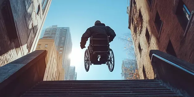 Mann fliegt mit Rollstuhl über Treppe in Stadt, fliegender Rollstuhl, Hilfsmittel aus Sanitätshaus, Barrierefreiheit