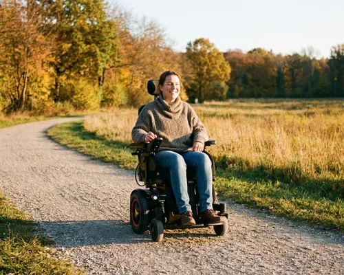 Frau fährt lächelnd mit einem Elektrorollstuhl auf einem Kiesweg durch eine herbstliche Landschaft.