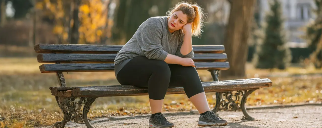 Frau mit Lipödem an den Beinen, sitzt auf Parkbank, hält sich das Bein, trauriges Gesicht wegen Schmerzen