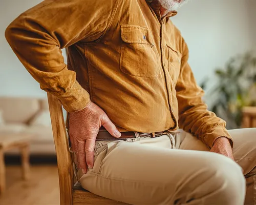 Älterer Mann sitzt auf einem Stuhl im Wohnzimmer und fasst sich schmerzverzerrt an die Hüfte