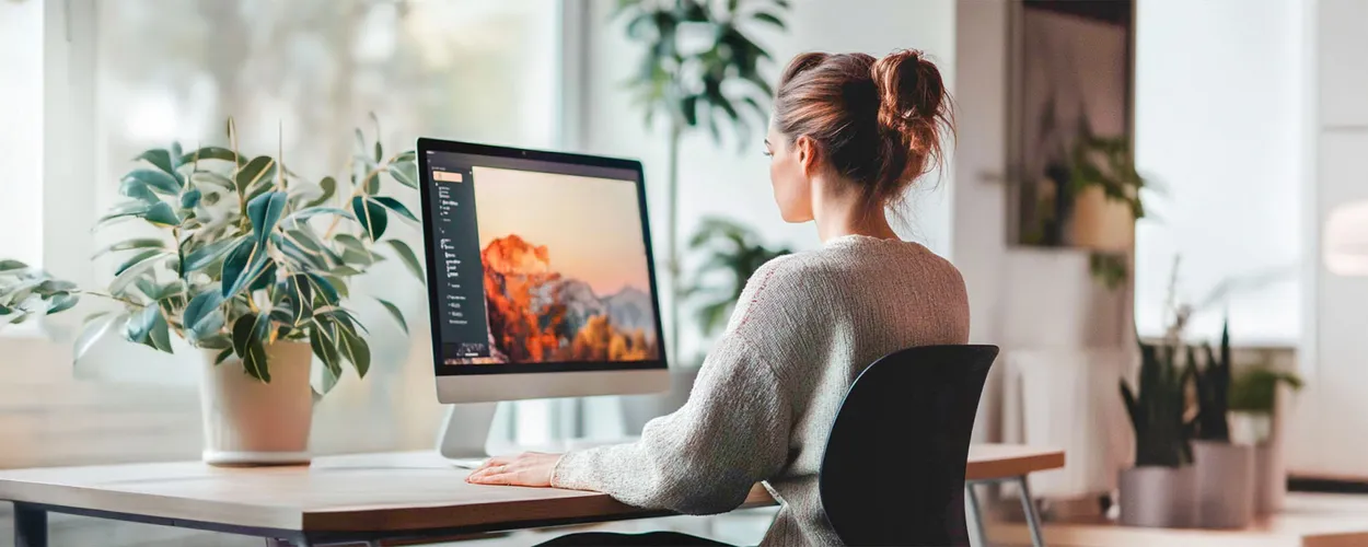 junge Frau sitzt in aufrechter ergonomischer Haltung an einem Schreibtisch, schaut auf den Computer-Bildschirm, Pflanzen im Hintergrund