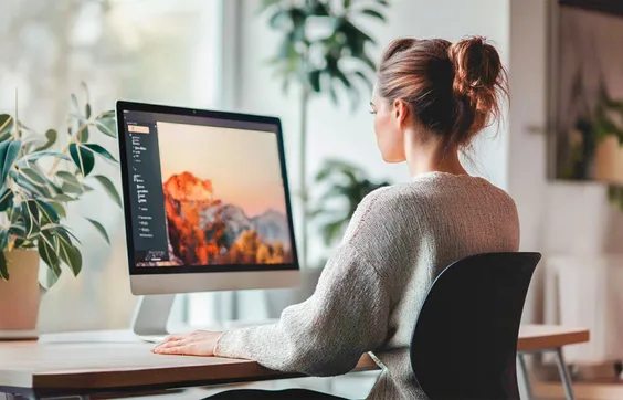 junge Frau sitzt in aufrechter ergonomischer Haltung an einem Schreibtisch, schaut auf den Computer-Bildschirm, Pflanzen im Hintergrund