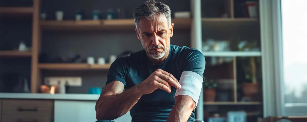 Mann mittleren Alters wickelt sich Druckverband um Oberarm, trägt Sport-T-Shirt, Küche und Regal im Hintergrund