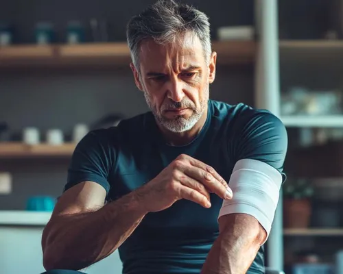 Mann mittleren Alters wickelt sich Druckverband um Oberarm, trägt Sport-T-Shirt, Küche und Regal im Hintergrund