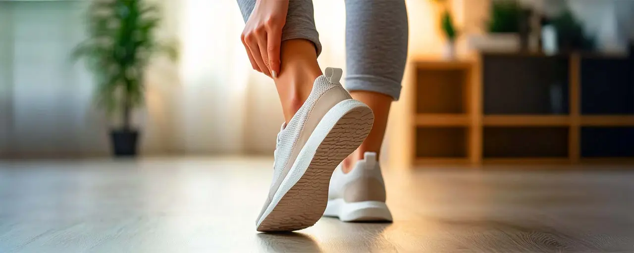 Frau mit Wunde am Bein fasst sich ans Bein, Wundheilungsphasen, trägt Sneaker, Wohnung im Hintergrund