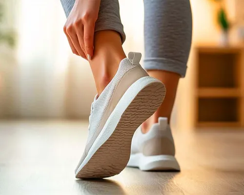 Frau mit Wunde am Bein fasst sich ans Bein, Wundheilungsphasen, trägt Sneaker, Wohnung im Hintergrund
