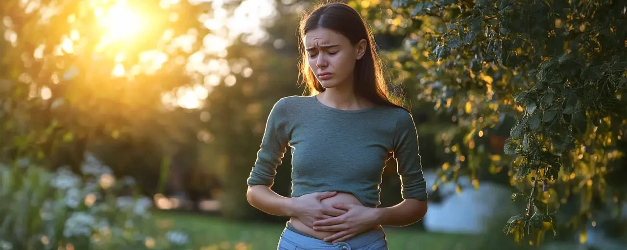 Junge Frau mit Anzeichen für Schwangerschaft, hält sich den Unterbauch, gequältes Gesicht