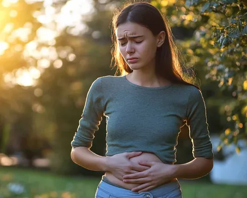 Junge Frau mit Anzeichen für Schwangerschaft, hält sich den Unterbauch, gequältes Gesicht