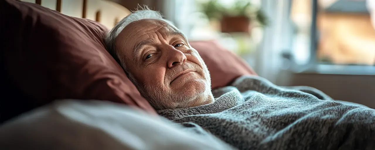 älterer Mann liegt im Bett in Oberkörperhochlagerung, Fenster im Hintergrund