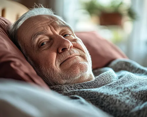 älterer Mann liegt im Bett in Oberkörperhochlagerung, Fenster im Hintergrund